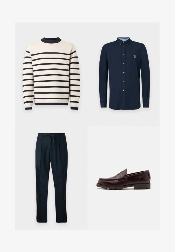 Cremefarvet sweater med marineblå vandrette striber. Ribbet struktur, rund halsudskæring og lange ærmer med marineblå manchetter og nederste kant.; Marineblå langærmet skjorte med knaplukning på kraven, med brune knapper og et broderet dyremotiv på brystet. Glat bomuldsstof.; Marineblå bukser lavet af tekstureret stof, med elastisk talje, lige ben og to frontfældinger for et skræddersyet udseende.; Brune læder loafer med en mokkasinstil overdel, tekstureret syning og en robust sål med multidirektionale dæk.