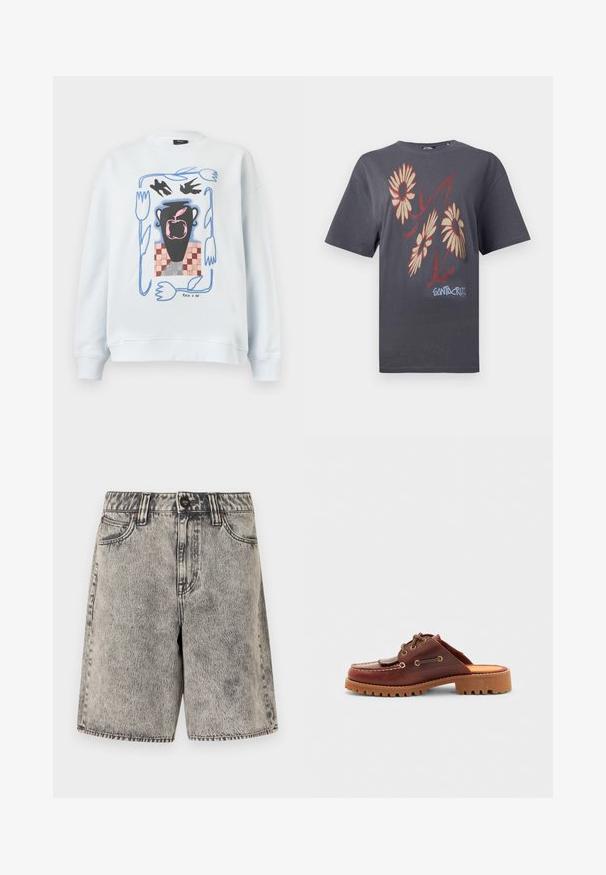 Hvid sweatshirt med en sort vase med et lyserødt æble, to sorte fugle, blå abstrakte tulipan-skitser og et ternet baggrund.; Mørkegrå T-shirt med korte ærmer med tre beige og røde tusindfryd og teksten "Santa Cruz" i lyseblåt nederst foran.; Grå, højtaljede jeansshorts med syre-vask, foran med knap, lynlås, bæltestropper og to forlommer på en hvid baggrund.; Brun læderslipsko i mokkasin-stil med dekorative snørebånd, guldøjer og en tekstureret gummisål.
