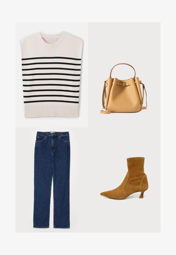 Vanessa Bruno CASSANDRA - Striktrøje - ecru/marine; Denim jeans i mørkeblå farve, lige ben design, fem-lommer stil, med en robust talje og synlige syning detaljer.; Tan ruskind ankelstøvle med spids tå, tætsiddende overdel og lav kitten hæl på ensartet lysegrå baggrund.; Gul læderbucket taske med en struktureret overflade, top-håndtag og aftagelig skulderrem. Har en lille dekorativ spænde.