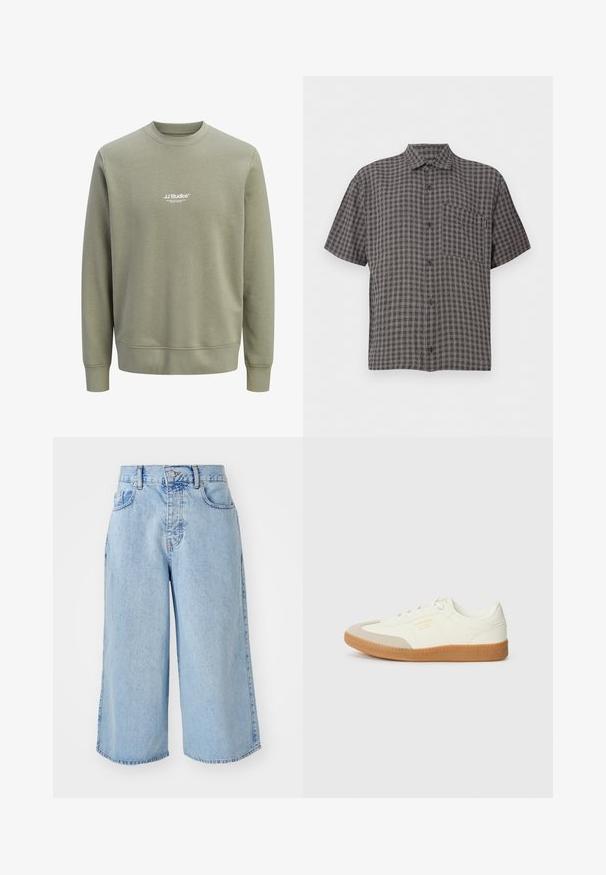 Sudadera verde oliva clara con cuello redondo, mangas largas y pequeño logo blanco "JJ Studios" centrado en el pecho.; Camisa de manga corta a cuadros en blanco y negro con botones, cuello y bolsillo en el pecho sobre fondo liso.; Pantalones cortos culotte de mezclilla azul claro con una cintura alta, diseño de cinco bolsillos y ajuste holgado. Presentan una textura desvaída y dobladillos de doble costura.; Zapatilla de cuero blanca con puntera beige y suela de goma marrón claro. Presenta cordones planos blancos y una marca en relieve en el lateral.