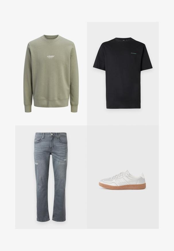 Lysegrøn olivengrøn crewneck sweatshirt med lange ærmer og lille hvidt "JJ Studios" logo centreret på brystet.; Sort t-shirt med korte ærmer og rund hals med lille grøn "CREATIVEWORKERS" tekst på venstre bryst, ensfarvet design, på en lys grå baggrund.; Grå denim jeans med rett ben design, let slid ved knæene og traditionel fem-lomme stil. Knaplukning i taljen.; Sølv sneakers med en glat overflade, snørebånd, perforerede detaljer og en struktureret brun gummi sål.