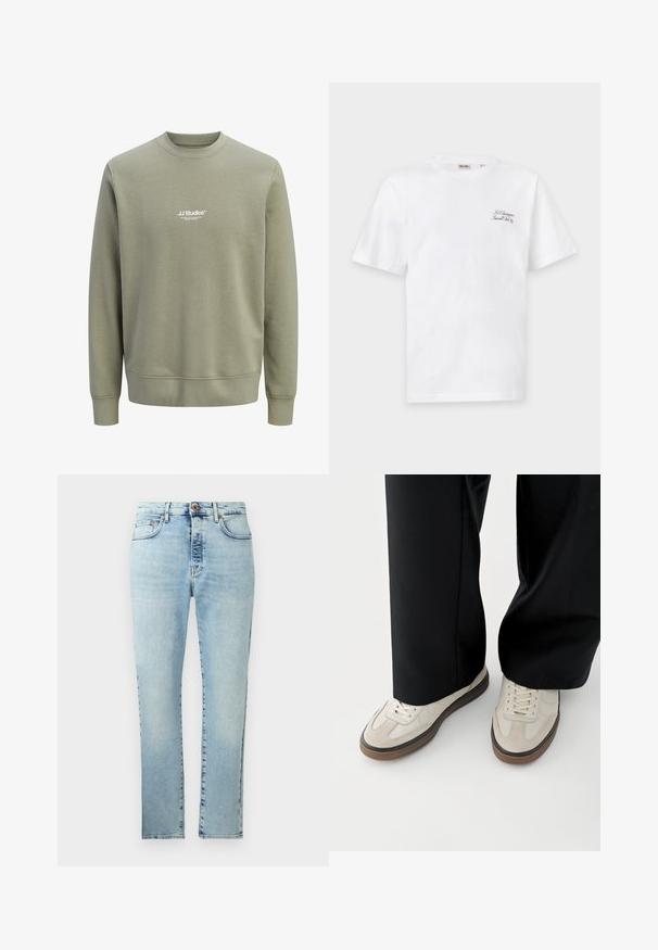 Lichtolijfgroene crewneck sweatshirts met lange mouwen en een klein wit "JJ Studios"-logo in het midden van de borst.; Wit T-shirt met korte mouwen en ronde hals met een kleine zwarte handgeschreven tekst "Le Classiques Social Club 89" op de bovenste linkerborst.; Lichtblauwe spijkerbroek met rechte pijpen, vijfzakkenontwerp en een sluiting met een messing knoop. Voorzien van subtiele vervagingen en stikseldetails.; Voeten met beige sneakers met bruine zolen en zwarte wijde broekspijpen op een witte achtergrond.