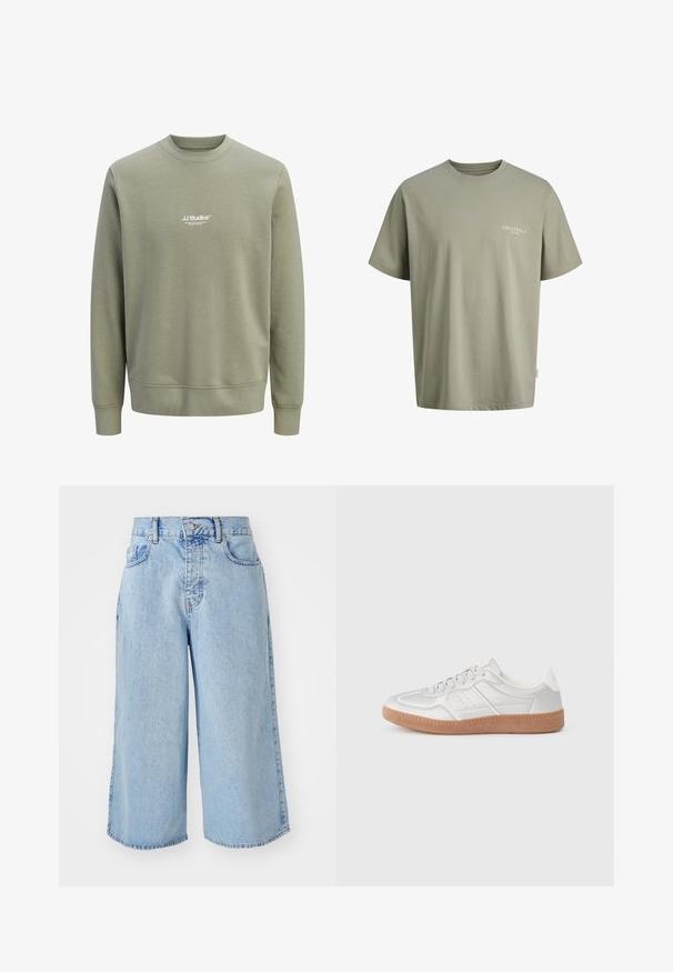 Lysegrøn olivengrøn crewneck sweatshirt med lange ærmer og lille hvidt "JJ Studios" logo centreret på brystet.; Lyse olivengrøn T-shirt med korte ærmer og rund hals med teksten "ORIGINALS COPENHAGEN" på venstre bryst.; Lys blå denim culotte-shorts med høj talje, fem rum og løs pasform. Har en falmet tekstur og dobbeltstikninger i kanten.; Sølv sneakers med en glat overflade, snørebånd, perforerede detaljer og en struktureret brun gummi sål.
