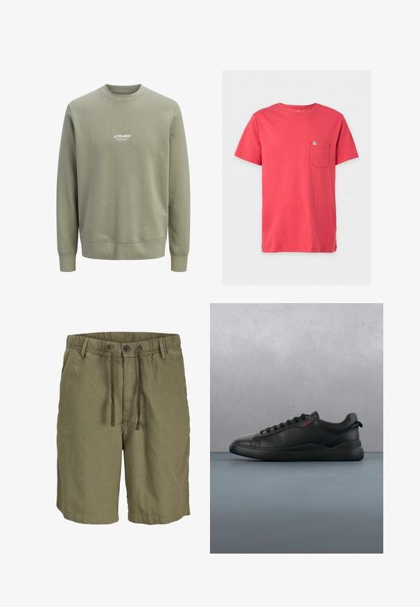 Lysegrøn olivengrøn crewneck sweatshirt med lange ærmer og lille hvidt "JJ Studios" logo centreret på brystet.; Ensfarvet rød T-shirt med korte ærmer og en lille brystlomme på venstre side med et GAP-logo-mærke på lommen.; Casual shorts i olivengrøn med elastisk talje, knaplukning, snore foran og bæltestropper.; HUGO BLAKE - Sneakers - black