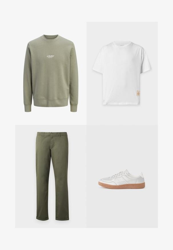 Sweat-shirt vert olive clair à col ras du cou, manches longues, avec un petit logo blanc "JJ Studios" centré sur la poitrine.; T-shirt en coton blanc uni à manches courtes, col rond et petite étiquette en tissu beige près de l'ourlet inférieur sur le côté droit.; Pantalons en coton vert olive avec une coupe droite, ourlets retroussés, poches avant et fermeture à bouton. Texture lisse avec des détails de couture subtils.; Baskets argentées avec une texture lisse, un design à lacets, des accents perforés et une semelle en caoutchouc marron texturé.