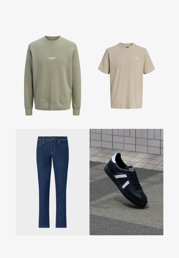 Lysegrøn olivengrøn crewneck sweatshirt med lange ærmer og lille hvidt "JJ Studios" logo centreret på brystet.; Beige T-shirt med korte ærmer og rund hals samt lille hvid tekstlogo på venstre bryst.; Mørkeblå denim jeans med lige ben-design, der har diskrete sømme, fem lommer og en knaplukning i taljen.; Sort lædersneaker med hvide striber, tekstureret gummisål og snørrebånd foran. Har et brandet mærke på tungen.