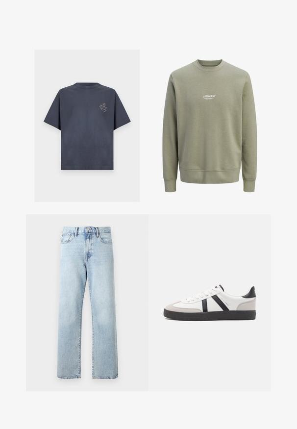 Lichtolijfgroene crewneck sweatshirts met lange mouwen en een klein wit "JJ Studios"-logo in het midden van de borst.; Donkergrijze T-shirt met korte mouwen en ronde hals, met kleine lichtgekleurde tekst en een cirkelvormig logo op het linkerborstgebied.; Lichtblauwe denim jeans met hoge taille en rechte pijpen, met voorzakken, knoopsluiting en riemlussen op een effen achtergrond.; Witte sneaker met zwarte en grijze accenten, voorzien van een grijze neus met textuur, zwarte rubberen zool en platte witte veters. Schoon ontwerp, minimalistische stijl.