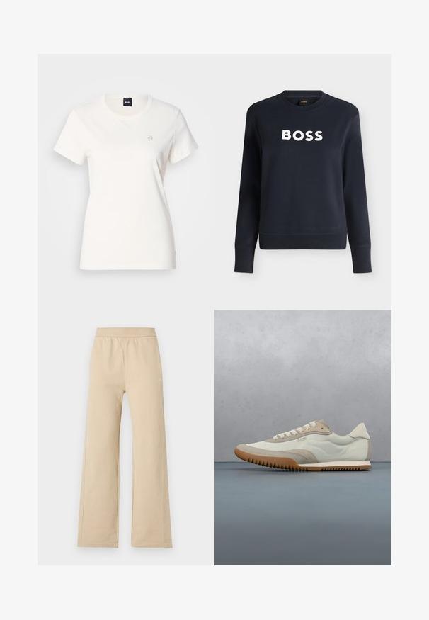 Sweat-shirt bleu marine à manches longues avec col rond, texte blanc « BOSS » centré sur la poitrine et poignets et ourlet côtelés.; T-shirt en coton blanc avec un col rond et des manches courtes. Présente un petit logo brodé sur la poitrine. Texture lisse.; Pantalon beige à jambes larges avec taille élastique et détails de couture minimalistes, présenté sur un fond clair uni.; Sneakers blancs et beiges avec une tige lisse et des accents en daim, une semelle texturée et des coutures ton sur ton. Fermeture à lacets avec détail de logo.