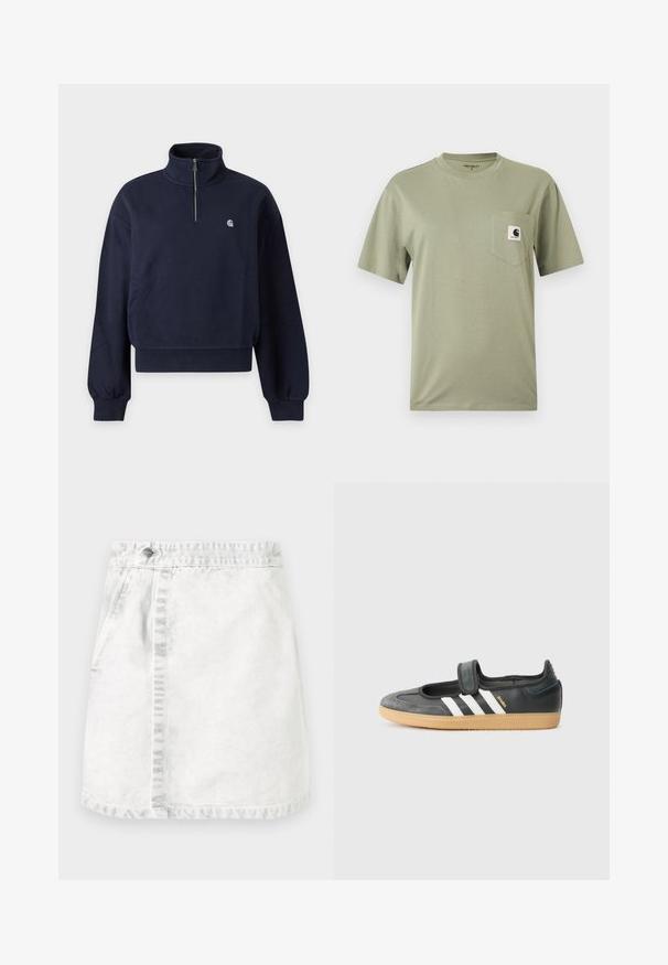 Marineblauwe pullover met kwartrits, geribde boorden en zoom, met een klein wit logo op de linkerborst.; Olivengroene T-shirt met korte mouwen en ronde hals, met een borstzak met een klein Carhartt-logo.; Denimrok in lichtgrijs. A-lijn ontwerp met voorzakken, een zichtbare naad in het midden en een enkele metalen knop op de tailleband.; Zwarte leren en suède sneaker met een klittenbandsluiting, voorzien van drie witte strepen en een gumzool, met de naam "SAMBA" aan de zijkant.