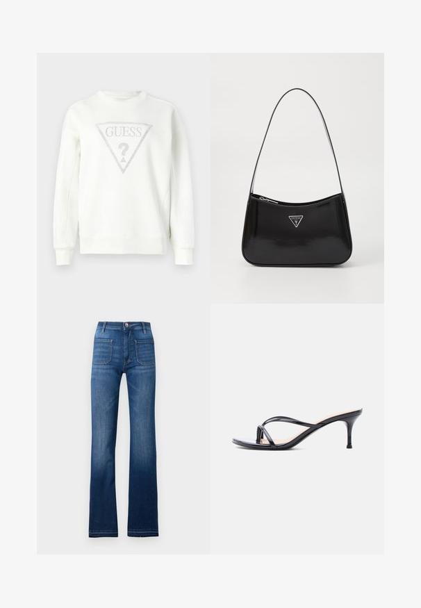 Hvid crewneck-sweatshirt med et trekantet sølvtryk med "GUESS" og et spørgsmålstegn i midten. Blødt, tekstureret stof.; Blå denim flared jeans med fem lomme-design, knaplukning og synlige sømme langs sømmene, med en let falmet finish.; Sort laklædersandal med hæl, tynde krydsede remme og en slank mellemhøj stilethæl på en hvid baggrund.; Sort patenteret læder skuldertaske med en buet form, prydet med et sølvfarvet trekantet logo og en lynlås-lukning. Glat tekstur og slank rem.