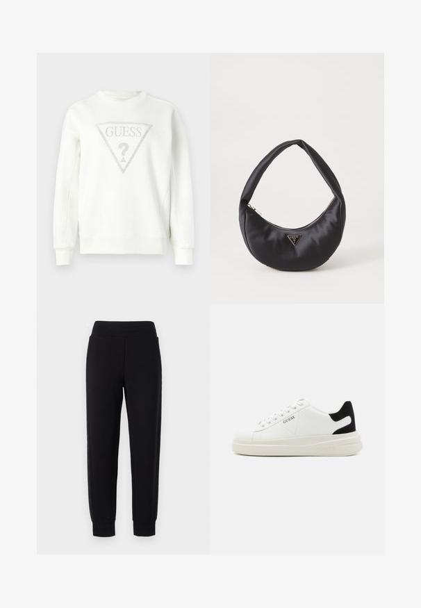 Hvid crewneck-sweatshirt med et trekantet sølvtryk med "GUESS" og et spørgsmålstegn i midten. Blødt, tekstureret stof.; Sorte sweatpants med tætsiddende ben, der har en bred elastisk talje og strukturerede sidelapper. Lavet af et blødt, strækbart materiale.; Hvide lædersneakers med en tyk hvid sål, sort ruskindhælvægt og prægede logoer på siden. Snørebåndsdesign med seks øjer.; Sort satin håndtaske med en buet form, der har en lynlåslukning og et trekantet logo i metal på forsiden. Glat tekstur og slankt design.