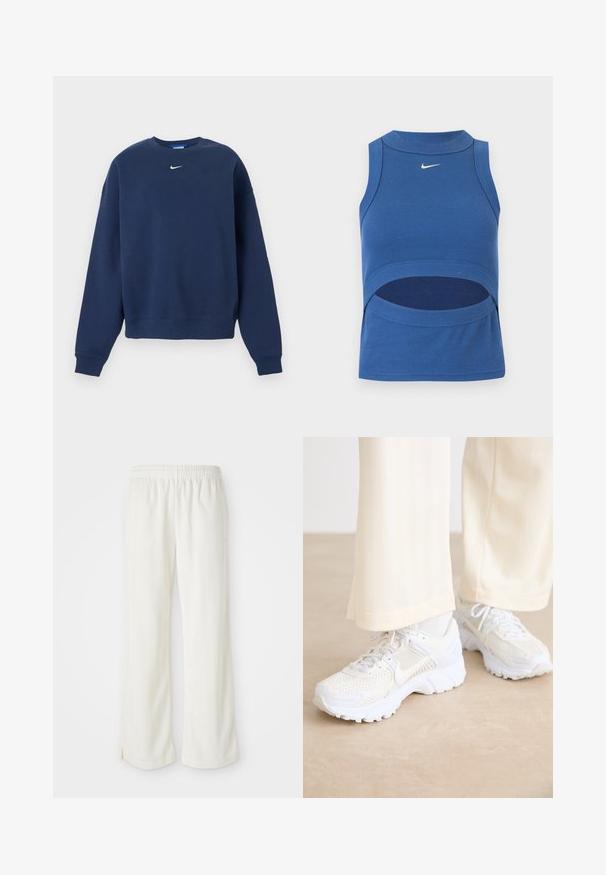 Sweat-shirt bleu marine à col rond avec manches longues et logo Nike blanc centré sous le col.; Crop top Nike bleu sans manches avec col montant et découpe au niveau du ventre, tissu côtelé, et logo Swoosh blanc au centre devant.; Pantalon de couleur crème avec une coupe large, fabriqué en matériau léger, arborant des rayures verticales et une taille élastique.; Baskets de sport blanches avec un design en maille, des surfaces texturées et des semelles de soutien. Lacets et détails de marque discrets sur le côté.