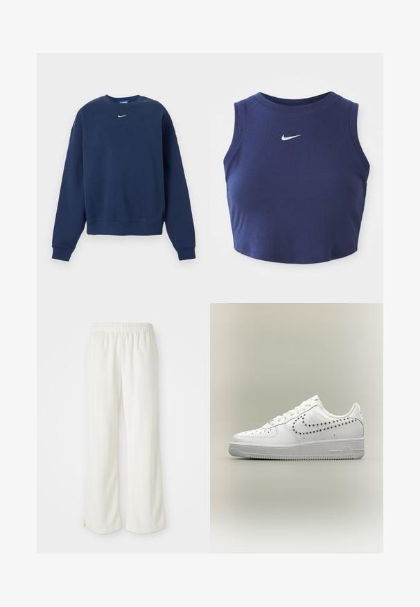 Navyblå crewneck-sweatshirt med lange ærmer og hvid Nike-logo centreret under kraven.; Marineblå ribbet crop top med rund halsudskæring og uden ærmer, med et lille hvidt Nike-logo på brystet.; Cremefarvede bukser med bred ben-design, lavet af letvægtsmateriale, med lodrette striber og en elastisk talje.; Hvid lavtop-sneaker med perforeret Nike-swoosh-design på siden, hvide snørebånd og tekstureret sål på en neutral baggrund.