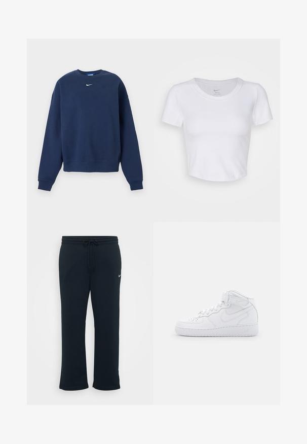 Navyblå crewneck-sweatshirt med lange ærmer og hvid Nike-logo centreret under kraven.; Hvid, kortærmet crop top lavet af glat, syntetisk materiale. Har en rund halsudskæring og Nike-logoet indeni kraven.; Sorte sweatpants med elastisk talje og justerbar snor. Har et lille hvidt Nike-logo på venstre side. Blød stofstruktur.; Hvide høj-top sneakers lavet af læder med polstret krave, perforeret tå, snørebånd og justerbar ankelrem; logo på siden.
