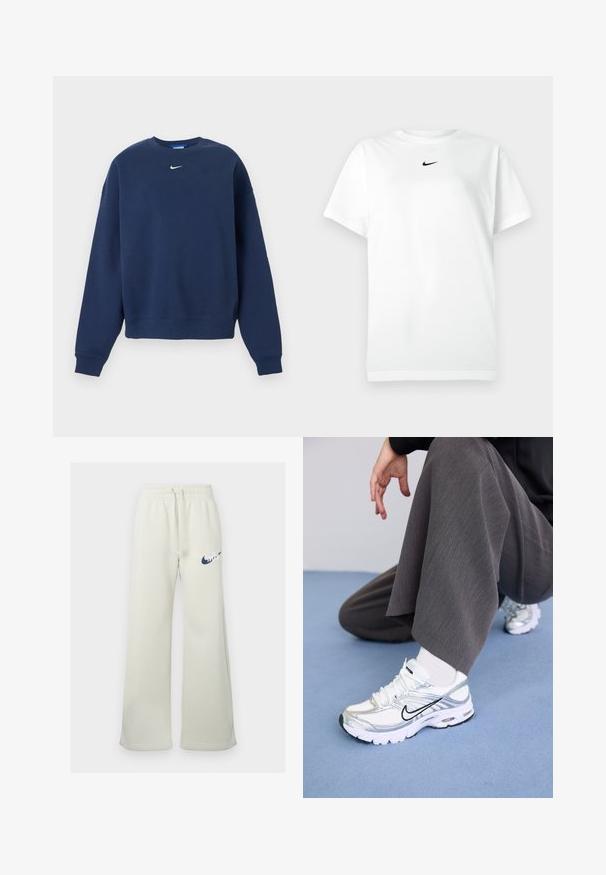 Navyblå crewneck-sweatshirt med lange ærmer og hvid Nike-logo centreret under kraven.; Hvid kortærmet T-shirt med rund hals, prydet med et lille sort Nike swoosh-logo centreret under halsudskæringen.; Cremefarvede sweatpants lavet af en bomuldsblanding, der har en afslappet pasform, elastisk talje med snor og et navy Nike-logo på forsiden.; Hvide og sølv atletik sko med meshej og syntetiske materialer, der har sorte accentlinjer, snørebånd og strukturerede såler.
