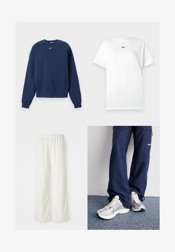 Marineblaues Sweatshirt mit Rundhalsausschnitt, langen Ärmeln und weißem Nike-Logo zentriert unter dem Kragen.; Weißes T-Shirt mit kurzen Ärmeln und Rundhalsausschnitt, mit kleinem schwarzen Nike-Swoosh-Logo, das zentriert unter dem Halsausschnitt platziert ist.; Cremfarbene Hose mit einem weiten Bein-design, aus leichtem Material, mit vertikalen Streifen und einem elastischen Bund.; Nike Sportschuhe mit einem silbernen Mesh-Obermaterial, weißen Akzenten und strukturierten Sohlen, kombiniert mit locker sitzenden marineblauen Hosen.