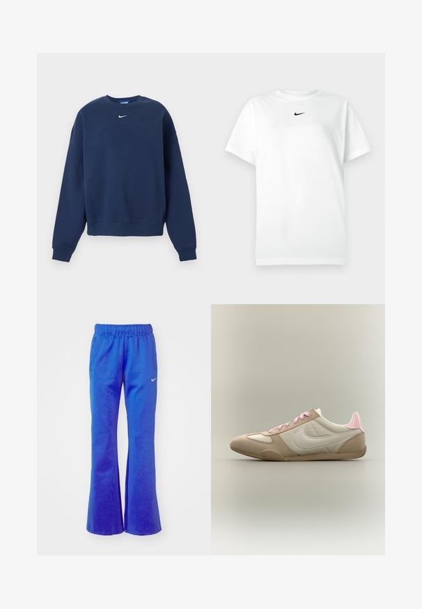 Navyblå crewneck-sweatshirt med lange ærmer og hvid Nike-logo centreret under kraven.; Hvid kortærmet T-shirt med rund hals, prydet med et lille sort Nike swoosh-logo centreret under halsudskæringen.; Bredde sportbukser i lys blå, med elastisk talje, to sidelommer og et lille hvidt logo foran.; Lavprofileret beige og hvid sneaker med lyserøde snørebånd og hælaccent, som viser Nike-swoosh på siden mod en ensfarvet baggrund.