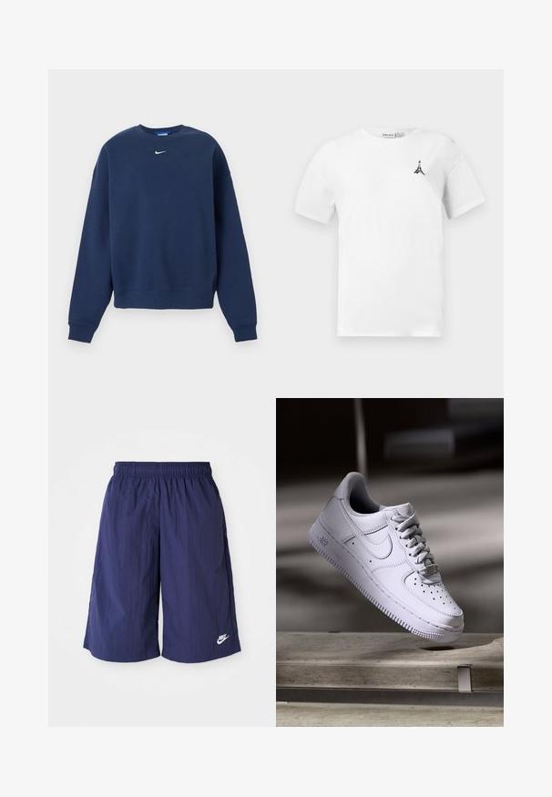 Navyblå crewneck-sweatshirt med lange ærmer og hvid Nike-logo centreret under kraven.; Hvid bomulds t-shirt med rund halsudskæring, prydet med et lille sort Eiffeltårn-logo på venstre bryst. Korte ærmer og afslappet pasform.; Mørkeblå Nike-shorts med elastisk talje, lavet af letvægts, glat stof, med et lille hvidt logo på den nederste side.; Hvid Nike Air Force 1 sneaker svævende over en betonoverflade med skygger i et minimalistisk miljø.