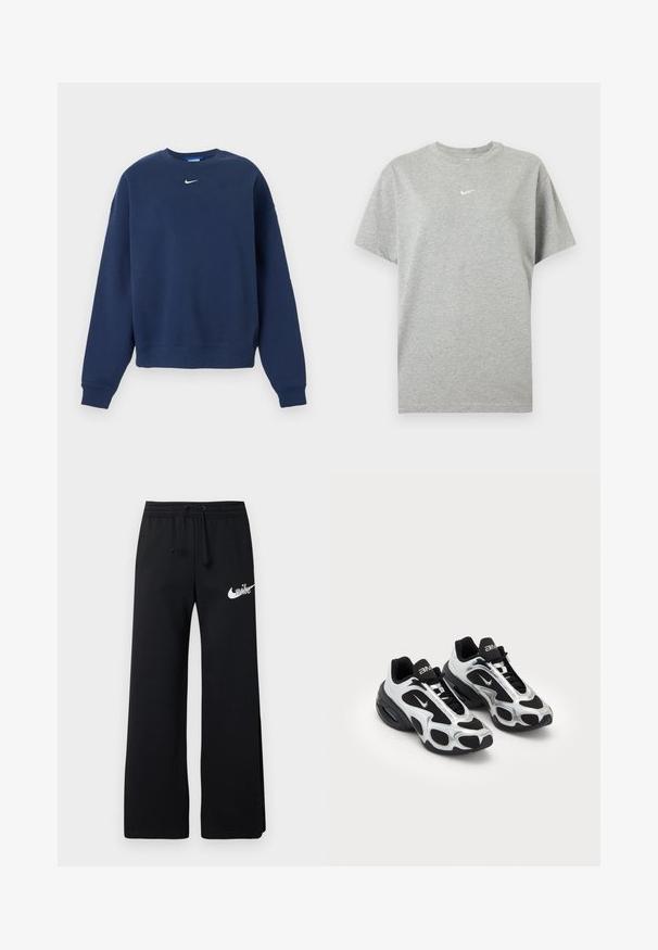 Sudadera azul marino con cuello redondo, mangas largas y logotipo blanco de Nike centrado debajo del cuello.; Camiseta gris de algodón de manga corta con cuello redondo y pequeño logo blanco de Nike swoosh centrado en el pecho.; Pantalones de chándal negros de material suave, con una cintura elástica con cordón y un logo blanco de Nike en el lado izquierdo.; Zapatos deportivos negros y plateados con parte superior de malla y sintético, que presentan un diseño ondulante distintivo y un collar acolchado, con amortiguación de aire en la suela.