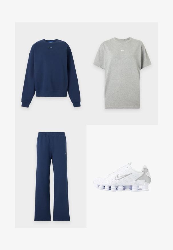 Marineblauwe crewneck-sweater met lange mouwen en wit Nike-logo gecentreerd onder de kraag.; Grijs katoenen T-shirt met korte mouwen, ronde hals en klein wit Nike swoosh-logo in het midden van de borst.; Marineblauwe joggingbroek met elastische tailleband en klein wit Nike-logo op het bovenste gedeelte van het linkerbeen, rechte pijp.; Witte sportieve schoenen met een bovenwerk van mesh, zilveren accenten en een unieke spiraalzoolontwerp. Voorzien van een gevoerd kraag en vetersluiting voor een goede pasvorm.