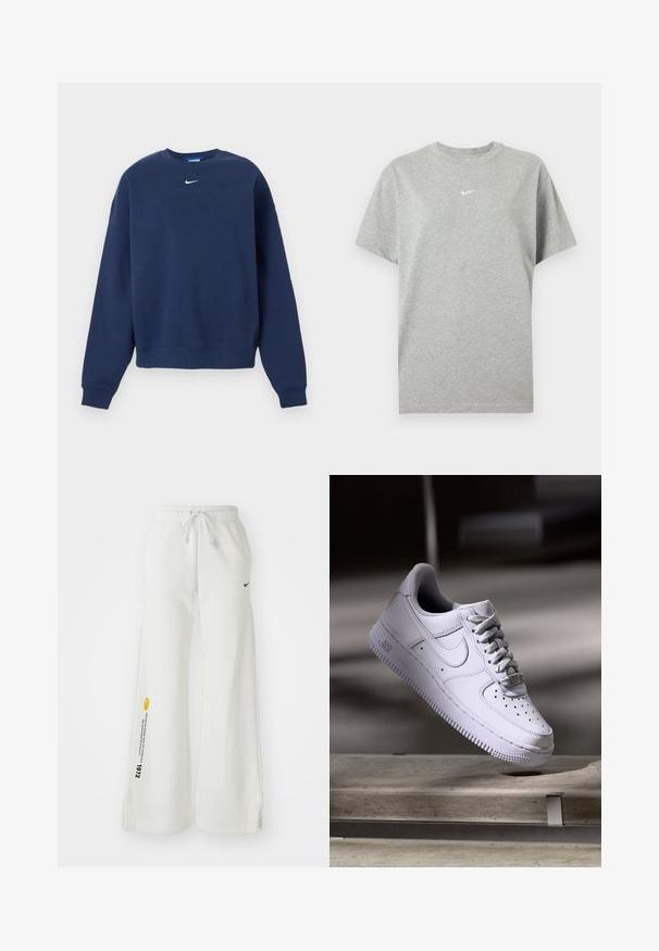 Navyblå crewneck-sweatshirt med lange ærmer og hvid Nike-logo centreret under kraven.; Grå kortærmet bomuld T-shirt med rund hals og lille hvid Nike swoosh logo centreret på brystet.; Hvide, brede sweatsbukser med elastisk talje, snøre, sidespalter, sort Nike-logo og kontrasterende gul grafisk tekst.; Hvid Nike Air Force 1 sneaker svævende over en betonoverflade med skygger i et minimalistisk miljø.