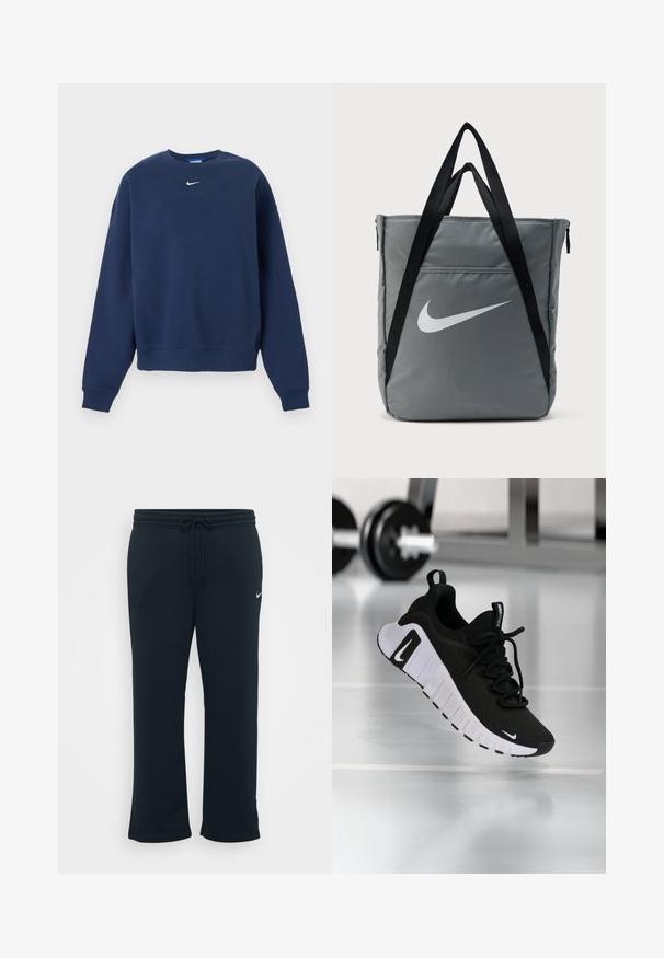 Sweat-shirt bleu marine à col rond avec manches longues et logo Nike blanc centré sous le col.; Un pantalon de survêtement noir avec une taille élastique et un cordon de serrage ajustable. Il présente un petit logo Nike blanc sur le côté gauche. Texture de tissu douce.; Chaussure de sport noire avec une tige en tissu texturé, une semelle blanche et un système de laçage prononcé. Présente un logo Nike et un design doux et rembourré.; Sac fourre-tout Nike gris avec poignées noires et logo Swoosh blanc sur le devant, présenté sur un fond blanc uni.