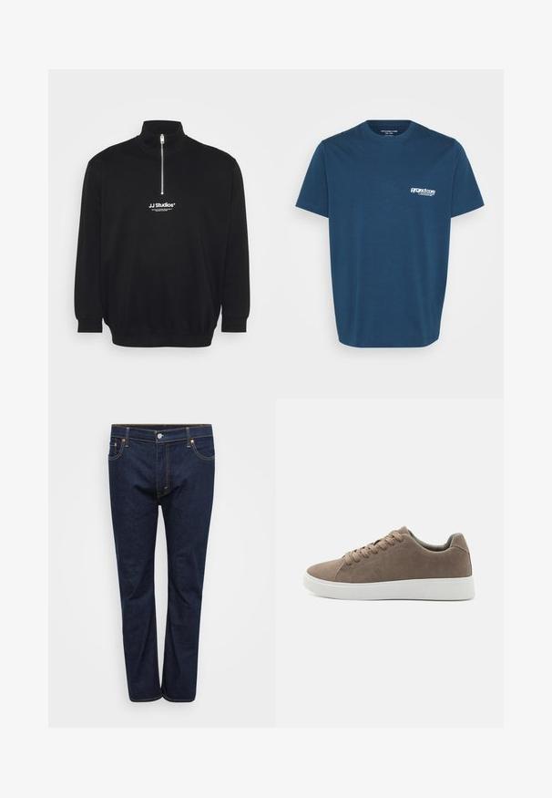Sort pullover sweatshirt med høj krave, halv lynlås og ribbede manchetter. Har et lille hvidt logo på brystet. Glat tekstur.; Marineblå bomulds t-shirt med korte ærmer, rund hals og et lille hvidt trykt logo på venstre bryst. Klassisk, almindelig pasform.; Mørkeblå denim jeans med lige ben, der har synlige stikninger i kontrasterende gul, fem lommer og en frontlukning med knap.; Brune ruskinds sneakers med flade hvide gummisåler, snørelukning, rund tå og en glat overflade. Minimalistisk stil med diskrete syninger.