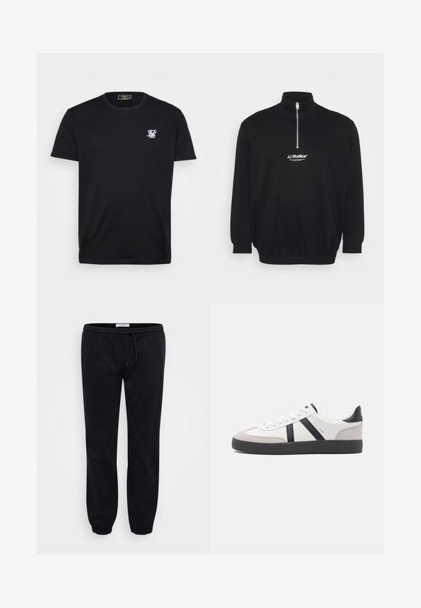 Schwarzer Pullover mit hohem Kragen, Halb-Reißverschluss und gerippten Bündchen. Mit einem kleinen weißen Logo auf der Brust. Glatte Textur.; Schwarzes Baumwoll-T-Shirt mit kurzen Ärmeln, Rundhalsausschnitt und kleinem weißen gestickten Logo auf der linken Brust. Einfaches und klassisches Design.; Schwarze Sweatpants aus weichem Baumwollstoff mit elastischem Bund und Kordelzug. Mit elastischen Bündchen und seitlichen Taschen für zusätzlichen Komfort.; Weiße Sneaker mit schwarz- und grau-aczenten, ausgestattet mit einer strukturierten grauen Zehenkappe, schwarzer Gummi-Sohle und flachen weißen Schnürsenkeln. Sauberes Design, minimalistische Stil.