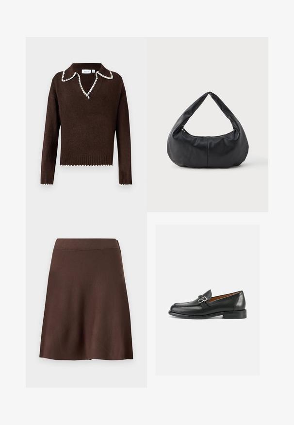 Brun strikket sweater med V-hals og hvid bølget kant på kraven og ærmekanterne. Ribbet kant og blød tekstur.; Brun A-formet nederdel med elastisk talje, glat strik tekstur og let svaj i kanten mod en ensfarvet lys baggrund.; Sorte læderloafer med synligt sømdesign, der har en dobbelt spænde-detalje og en let forhøjet hæl for ekstra højde.; Sorte bløde læder halvmåneformet håndtaske med et tykt, polstret håndtag og lynlås lukning i toppen.