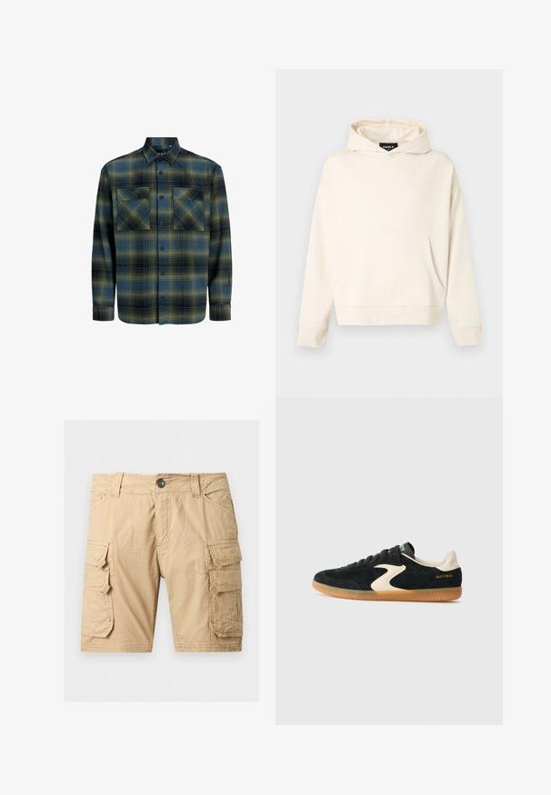Sweat à capuche beige avec poche kangourou à l'avant, manches longues et capuche attachée, présenté sur un fond blanc.; Chemise en flanelle à carreaux vert foncé et bleu marine. Dotée d'un col boutonné, de deux poches thoraciques et de manches longues avec poignets à boutons.; Shorts cargo beige avec fermeture à bouton, passants pour ceinture, deux poches latérales et deux grandes poches à rabat avec attaches Velcro sur chaque jambe.; Baskets en daim noire avec une accent crème et une semelle en gomme. Elles disposent de lacets plats, d'un bout arrondi et de "SKECHERS" imprimé en or sur le talon.