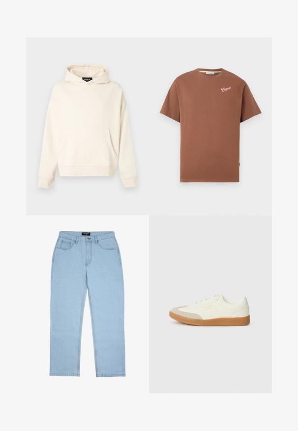 Beige pullover hoodie met voorzak in kangaroostijl, lange mouwen en capuchon, afgebeeld tegen een witte achtergrond.; Bruine T-shirt met korte mouwen en ronde hals, met het "Pompeii" logo in witte schrijfletters op de bovenste linkerkant van de borst.; Lichtblauwe jeans met rechte pijpen, voorzakken, riemlussen, knoopsluiting en zichtbare stikdetails.; Schoen gemaakt van wit leer met een beige teenkap en een lichtbruine rubberen zool. Voorzien van platte witte veters en reliëfbranding aan de zijkant.