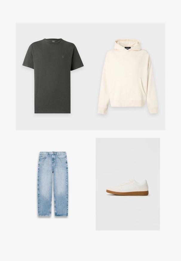 Sweat à capuche beige avec poche kangourou à l'avant, manches longues et capuche attachée, présenté sur un fond blanc.; T-shirt en coton gris foncé avec un col rond et des manches courtes. Présente un petit logo discret sur le côté gauche de la poitrine. Texture lisse.; Jean en denim bleu clair à coupe droite avec cinq poches, passants pour ceinture, fermeture avant par bouton et zip sur fond blanc.; Baskets blanches avec un capuchon en daim, un dessus en synthétique lisse et une semelle en caoutchouc marron. Présente des perforations sur les côtés pour une meilleure respirabilité.