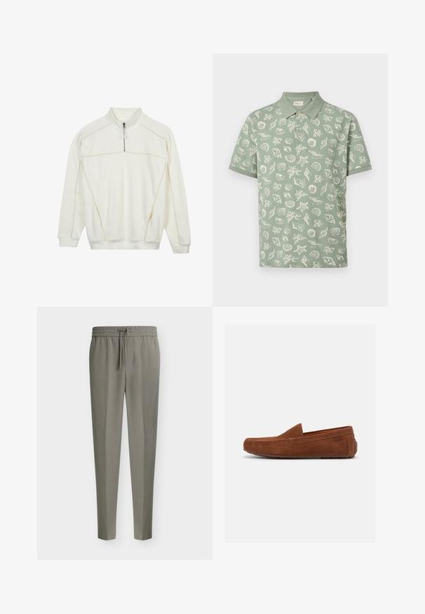 Off-white sweater met een kwart rits, lange mouwen, zichtbare beige stiksels, geribbelde manchetten en een hoge kraag.; Kortärmlig polo in saliegroen met witte patronen van schelpen, zeesterren en koraal, voorzien van een knoopsluiting en een opgevouwen kraag.; Lichtgrijze, op maat gemaakte herenhosen met taps toelopende pijpen en een elastische tailleband met een vooraan trekkoord.; Bruine suède herenslipper met rubberen zool en mocassinnaaistijl, zijaanzicht op een witte achtergrond.