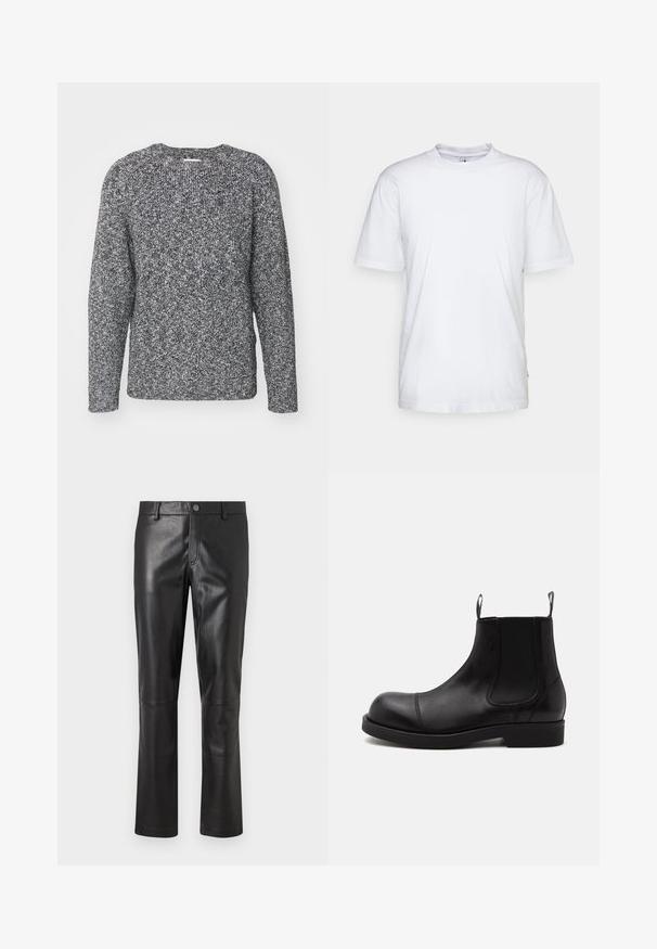 Pull en tricot gris et noir avec un col rond, des manches longues et des poignets côtelés, présentant un tissu texturé et à motifs.; T-shirt en coton blanc avec un col rond, des manches courtes et un ourlet droit. Présente une petite étiquette de marque sur la couture latérale gauche.; Pantalon en cuir noir avec une texture lisse, design à jambes droites et couture subtile le long des coutures. Présente une fermeture à bouton à la taille.; Bottine Chelsea en cuir noir à bout arrondi, panneaux latéraux élastiques, languettes à l’avant et à l’arrière, semelle plate, vue de côté sur fond blanc.