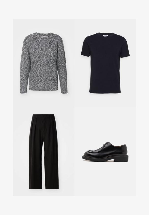 Pull en tricot gris et noir avec un col rond, des manches longues et des poignets côtelés, présentant un tissu texturé et à motifs.; T-shirt noir à manches courtes avec un col ras-du-cou, muni d'une petite étiquette blanche à l'intérieur du col.; Pantalons larges noirs avec une texture lisse, dotés de deux plis avant, d'une fermeture à bouton et de poches latérales. Tissu durable.; Chaussure en cuir noir avec un bout arrondi, des détails cousus, des lacets minimalistes et une semelle en caoutchouc épaisse pour une meilleure traction et durabilité.