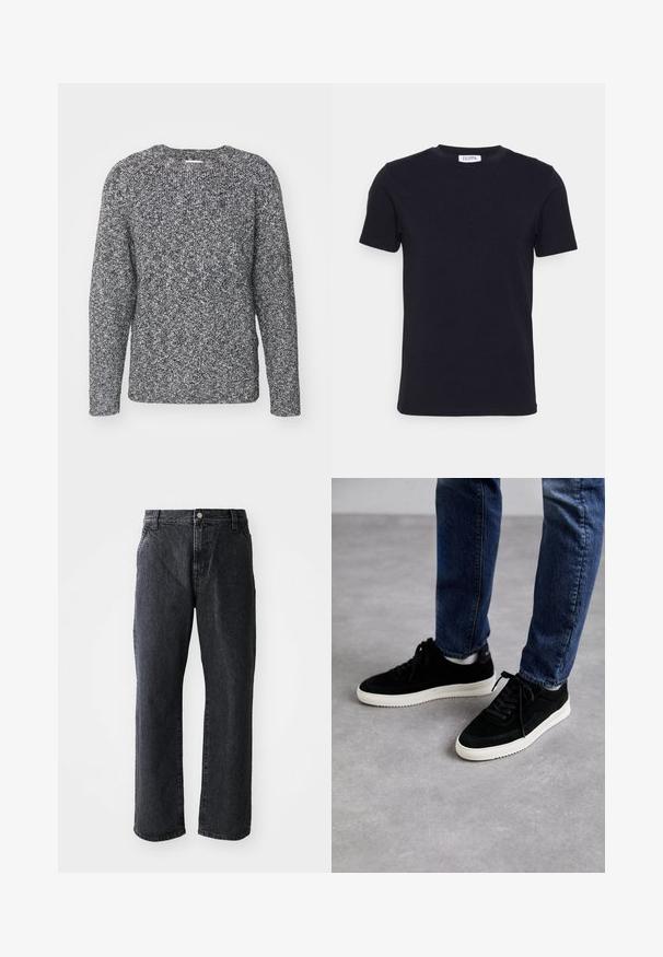Grauer und schwarzer gestrickter Pullover mit Rundhalsausschnitt, langen Ärmeln und gerippten Bündchen, der aus einem strukturierten, gemusterten Stoff gefertigt ist.; Schwarzes T-Shirt mit kurzen Ärmeln und Rundhalsausschnitt, mit einem kleinen weißen Etikett auf der Innenseite des Kragens.; Schwarze Denim-Jeans mit geradem Schnitt, ausgestattet mit einem Knopfverschluss, fünf Taschen und subtiler Textur. Klassisches Design ohne auffällige Muster.; Schwarze Wildledersneaker mit einer weißen Gummisohle, die ein klassisches Low-Top-Design, eine abgerundete Spitze und flache schwarze Schnürsenkel aufweisen.