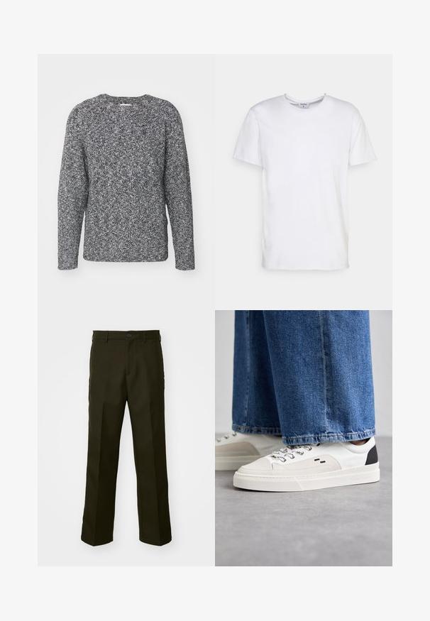 Pull en tricot gris et noir avec un col rond, des manches longues et des poignets côtelés, présentant un tissu texturé et à motifs.; T-shirt blanc à manches courtes en coton. Il présente un col rond et une coupe décontractée sans motifs ni accents visibles.; The Kooples PANTALON - Pantalon classique - kaki; Baskets blanches et noires avec une tige en cuir lisse, des accents texturés et une semelle épaisse blanche. Présentent un design classique à lacets.