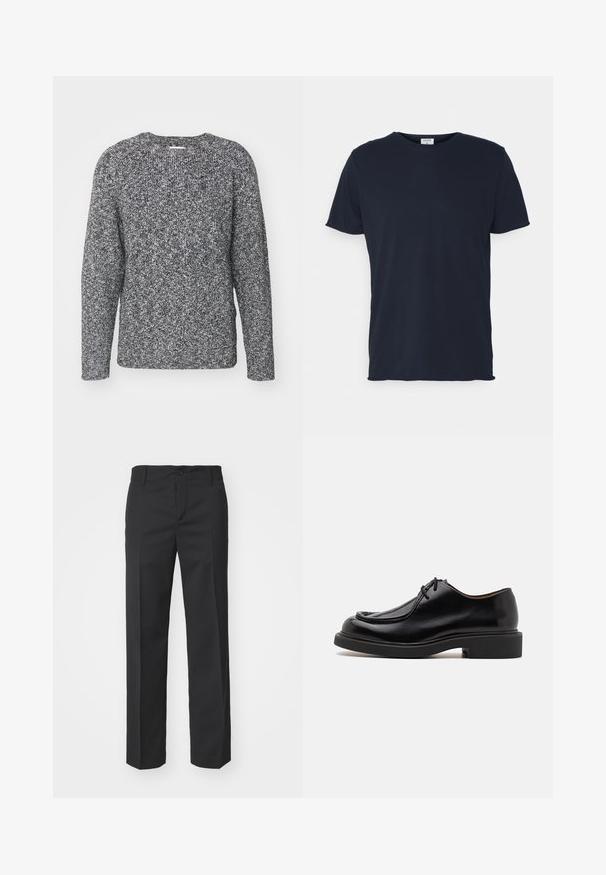 Suéter de punto en gris y negro con cuello redondo, mangas largas y puños acanalados, que presenta una tela texturizada y con patrón.; Camiseta de algodón azul marino con cuello redondo y mangas cortas, de textura suave y diseño simple, sin patrones ni acentos visibles.; Filippa K TROY TROUSERS - Pantalones - black; Zapato de cuero negro con punta redondeada, detalles de costura, cordones mínimos y suela de goma gruesa para tracción y durabilidad.