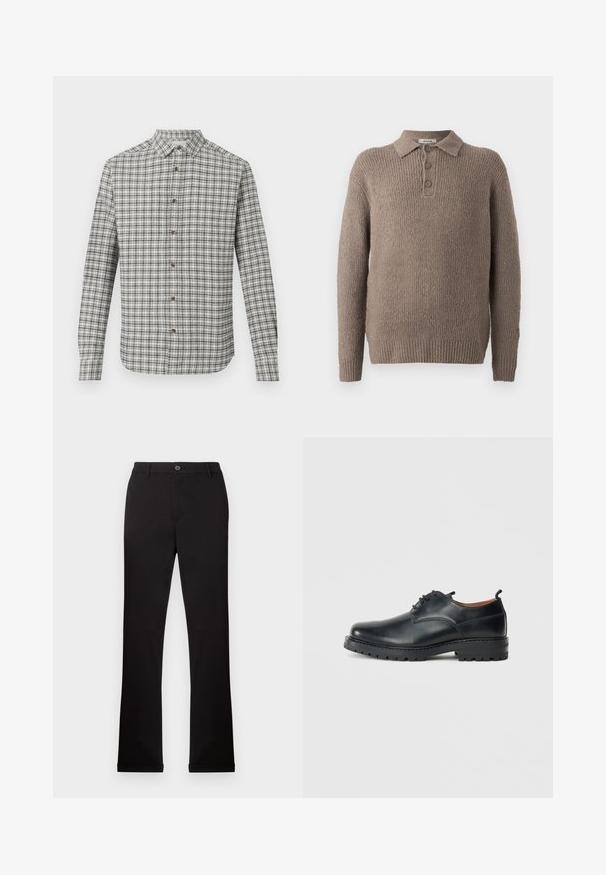 Brun strikket pullover med en tekstureret vævning, der har en krave og tre knaplukninger. Lange ærmer med ribbede manchetter.; Langærmet skjorte med knaplukning i hvid- og sortternet mønster, klassisk krave og brune knapper på en ensfarvet baggrund.; Sorte bomuldsbukser med lige ben, en knap- og lynlåslukning samt sidelommer. Glat tekstur, ingen synlige mønstre eller accenter.; Sorte læder derby-sko med en glat overflade, rund tå, snøre-design og en tyk, robust gummisål.