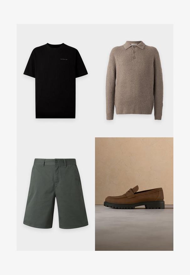 Bruine gebreide pullover met een gestructureerde weving, voorzien van een kraag en een drieknoopsluiting. Lange mouwen met geribde boorden.; Zwarte katoenen T-shirt met korte mouwen en een ronde hals. Kenmerkt zich door een klein logo "Last Resort AB" dat in een lichte kleur op de borst is geborduurd.; Donkergroene korte broek gemaakt van een stevige katoenmix, met een knoopsluiting, ritssluiting en zijzakken met subtiele stikseldetails.; Donkerbruine leren loafer met dikke zwarte rubberen zool, getoond boven een beige tapijt en bankachtergrond.