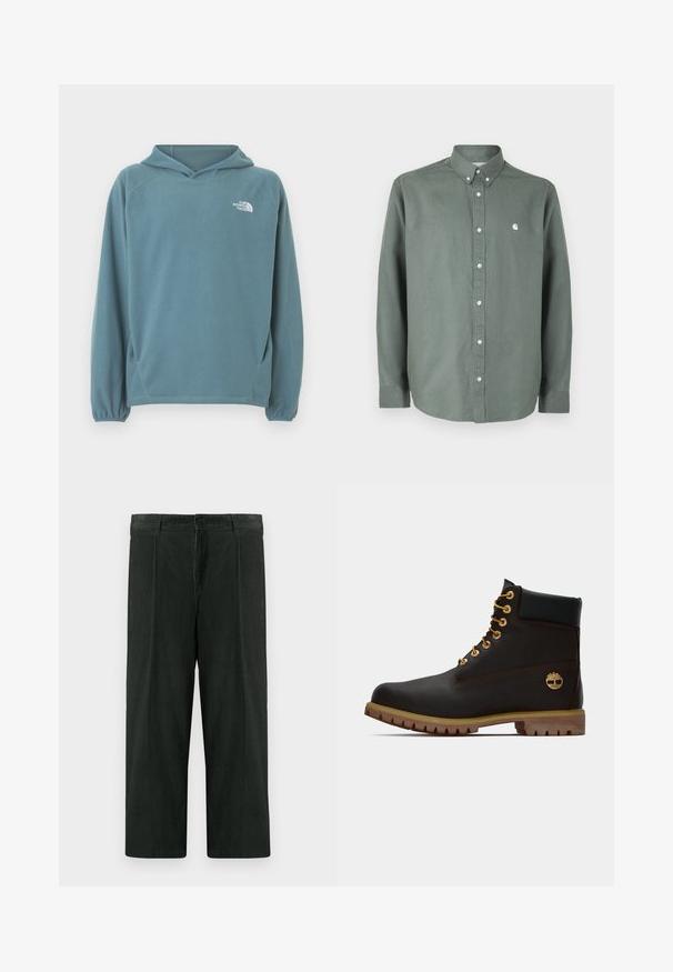 Blue fleece hoodie with a kangaroo pocket, drawstring hood, and elasticated cuffs. Features white logo on the chest. Smooth texture.; Long-sleeve green shirt made of cotton, featuring a button-down collar, front placket with buttons, and a small white logo on the chest.; Dark green wide-leg trousers made of textured cotton. Features a button closure and front pleats. Straight cut with a mid-rise waistband.; Black leather ankle boot with gold eyelets, brown accents, and a rubber sole. Features a padded collar and embossed logo on the side.
