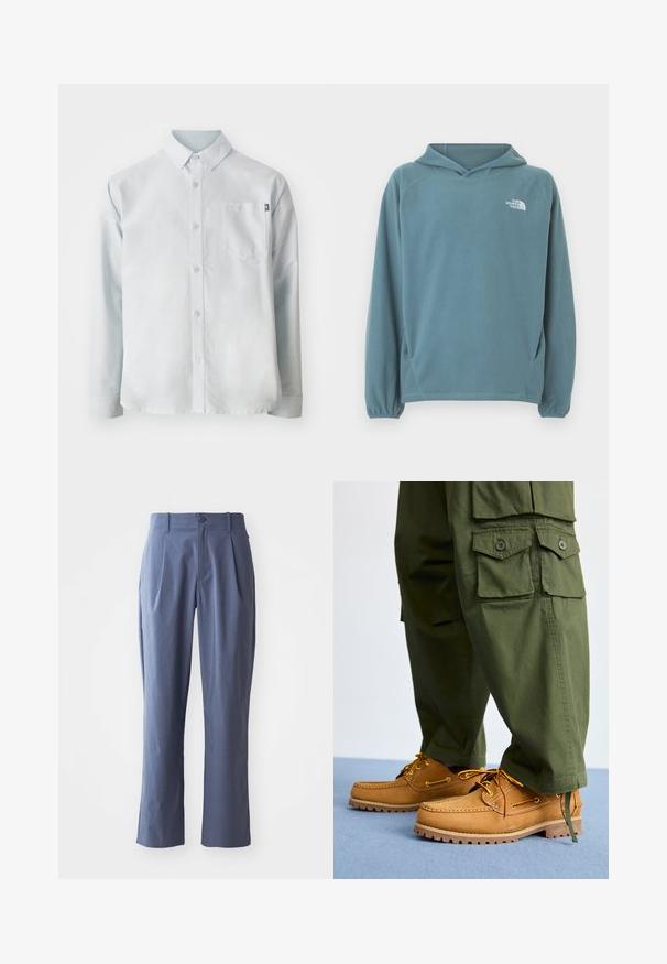 Sinine fliisist kapuutsiga dressipluus, millel on kängurutasku, nööriga kapuuts ja elastsed mansetid. Rinnal valge logo. Sile tekstuur.; New Balance OXFORD - Pluus - blue; Tumedad sinised püksid voldikutega, sirge lõikega, valmistatud kerge kangaga, esise sulgemisega ühel nööbil ja taljeaasadega.; Timberland AUTHENTIC 3 EYE - Purjetamiskingad - wheat