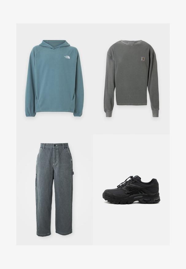 Blå fleecetrøje med kængurulomme, snøre i hætten og elastiske manchetter. Har hvidt logo på brystet. Glat tekstur.; Grå langærmet crewneck sweatshirt med ribbet tekstur, med et lille firkantet logo-patch på venstre bryst og ribbede manchetter.; Mørkegrå lige ben arbejdsbukser med bæltestropper, frontknap og lynlås, sidelommer og en hammerløkke på højre ben.; Sort atletisk sneaker med tekstureret stof, tyk polstret sål, luftventiler og snørelukning, vist fra siden på en lys baggrund.