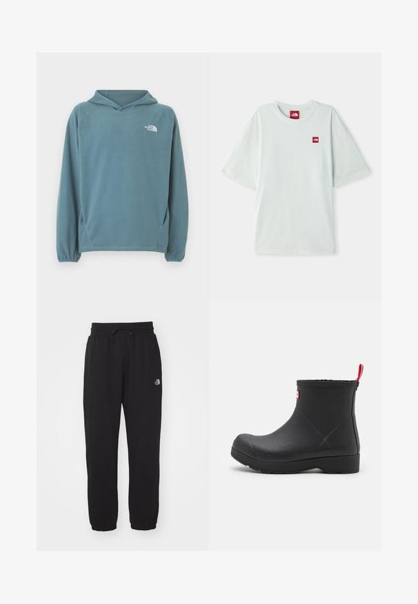 Blå fleecetrøje med kængurulomme, snøre i hætten og elastiske manchetter. Har hvidt logo på brystet. Glat tekstur.; Lysegrøn kortærmet t-shirt lavet af blød bomuld, med et lille rødt logo på venstre brystområde. Løs pasform og rund halsudskæring.; Sorte sweatpants lavet af blødt stof, med en elastisk talje med snor, manchetter ved anklerne og et lille logo på det øverste lår.; Sort gummistøvle med glat overflade, rund tå og en rød strop bagpå. Har en lav, robust sål for holdbarhed.