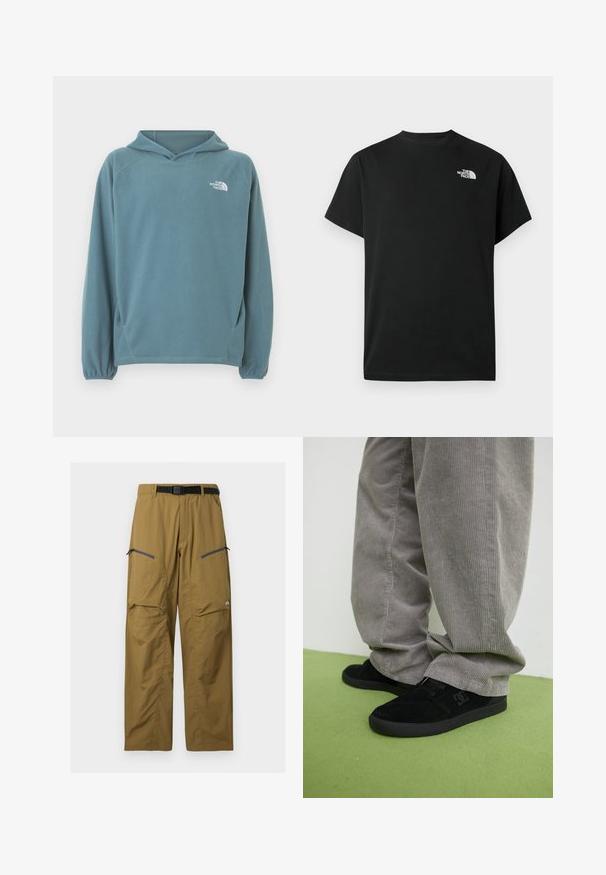 Sudadera azul de forro polar con bolsillo tipo canguro, capucha con cordón y puños elásticos. Presenta un logo blanco en el pecho. Textura suave.; Camiseta negra de manga corta hecha de algodón. Presenta un logo blanco en el pecho izquierdo. Corte sencillo con cuello redondo y detalles de diseño mínimos.; Pantalones de exterior color caqui con cinturón negro ajustable, dos bolsillos en el muslo con cremallera y costuras en las rodillas, mostrados sobre un fondo liso.; Zapatillas de skate de ante negro con un acabado texturizado y un logo, combinadas con pantalones de pana gris con una textura acanalada. Superficie del suelo en verde.