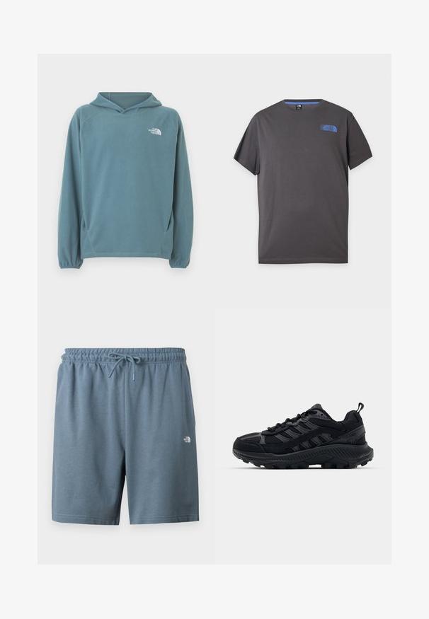 Sweat à capuche en polaire bleu avec une poche kangourou, une capuche avec cordon de serrage et des poignets élastiqués. Logo blanc sur la poitrine. Texture lisse.; T-shirt gris foncé à manches courtes et col rond avec petit logo bleu The North Face sur la partie supérieure gauche de la poitrine sur fond blanc.; Shorts à taille élastique bleue avec cordon de serrage et petit logo blanc The North Face sur la cuisse gauche.; Chaussures de sport noires avec une tige en mesh texturé et en suède, bout renforcé et semelle extérieure robuste. Présente un design à lacets et une languette.