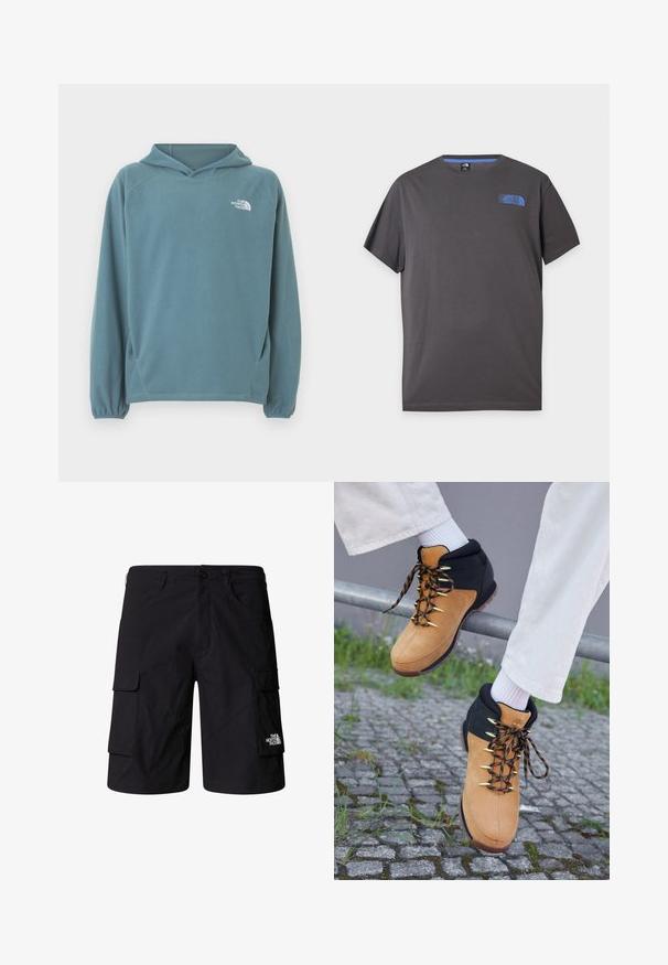 Blå fleecetrøje med kængurulomme, snøre i hætten og elastiske manchetter. Har hvidt logo på brystet. Glat tekstur.; Mørkegrå T-shirt med korte ærmer og rund hals med lille blå The North Face-logo på øverste venstre bryst mod hvid baggrund.; Sorte cargo shorts lavet af letvægtsstof, med to sidelommer, to cargo-lommer og et mærke-logo på det nederste højre ben.; Brune og sorte vandrestøvler med overdel i ruskind, guldøjer og mønstrede snørebånd, præsenteret på et rækværk over brosten. Hvide sokker synlige.