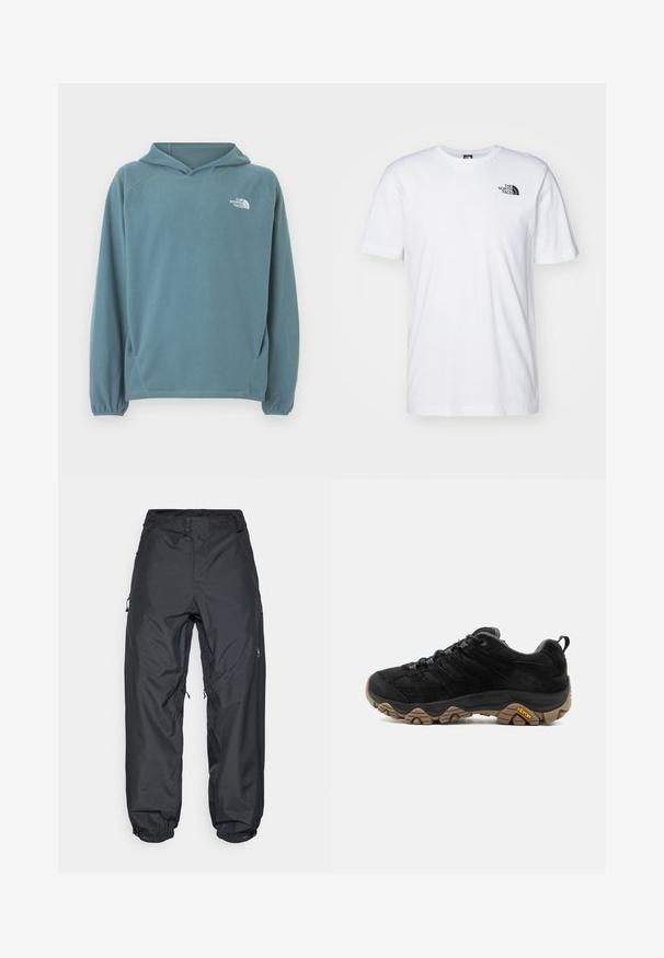 Sudadera azul de forro polar con bolsillo tipo canguro, capucha con cordón y puños elásticos. Presenta un logo blanco en el pecho. Textura suave.; Camiseta de algodón blanca con un logo negro de The North Face en el lado superior izquierdo del pecho. Diseño de manga corta y cuello redondo.; Pantalones impermeables negros con un corte holgado, que cuentan con dos botones en la cintura, puños de tobillo ajustables y bolsillos laterales con cremallera.; Zapato de senderismo negro con suela Vibram marrón rugosa, parte superior de malla y ante, diseño con cordones y lengüeta trasera, mostrado desde el lado exterior.
