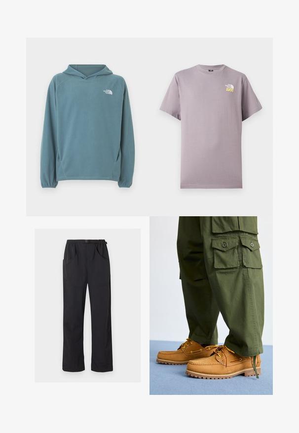 Sweat à capuche en polaire bleu avec une poche kangourou, une capuche avec cordon de serrage et des poignets élastiqués. Logo blanc sur la poitrine. Texture lisse.; T-shirt à manches courtes violet clair avec le logo The North Face et le numéro 2966 en jaune sur le côté gauche de la poitrine.; Pantalon noir à jambe droite avec taille élastique et ceinture ajustable à boucle, doté de poches avant et latérales.; Timberland AUTHENTIC 3 EYE - Chaussures bateau - wheat