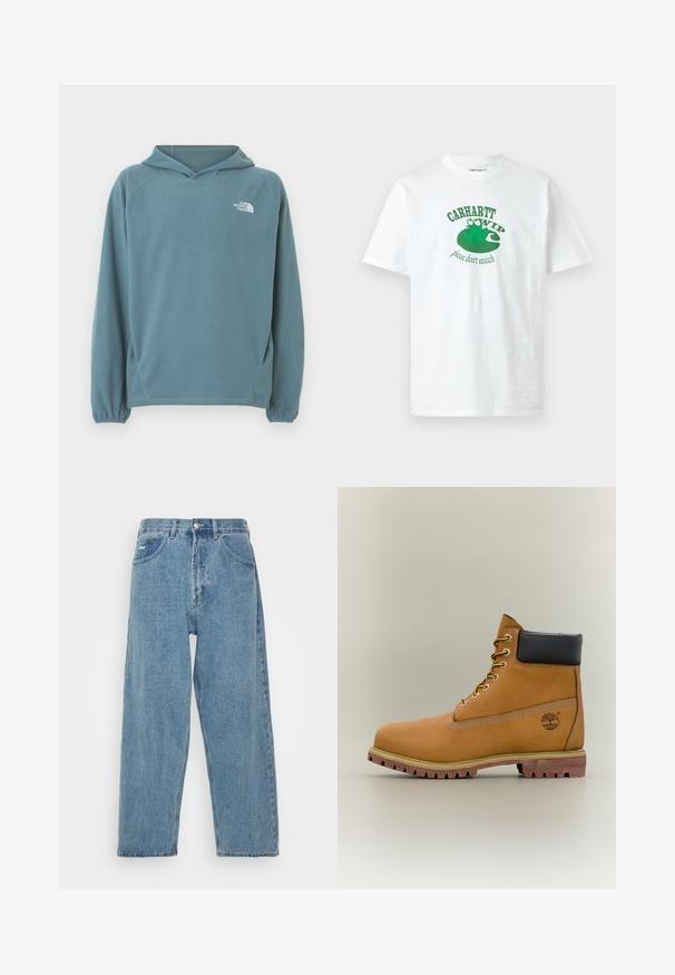 Blauer Fleece-Hoodie mit Kängurutasche, Kapuze mit Kordelzug und elastischen Bündchen. Auf der Brust befindet sich ein weißes Logo. Glatte Oberfläche.; Weißes T-Shirt mit kurzen Ärmeln und einer grünen Frosch-Grafik, die auf einem Seerosenblatt sitzt, und dem Text "Carhartt WIP bitte nicht petzen" auf der Vorderseite.; Hellblaue Denim-Jeans mit hoher Taille und lockerer Passform, ausgestattet mit zwei vorderen Taschen, einer hinteren Aufsatztasche und einem Knopfverschluss.; Brauner Leder-Stiefelette mit schwarzem Kragen, gelben Schnürsenkeln und hellbrauner Sohle. Verfügt über ein Logo und weiße Ziernähe. Robuste Profilsohle.